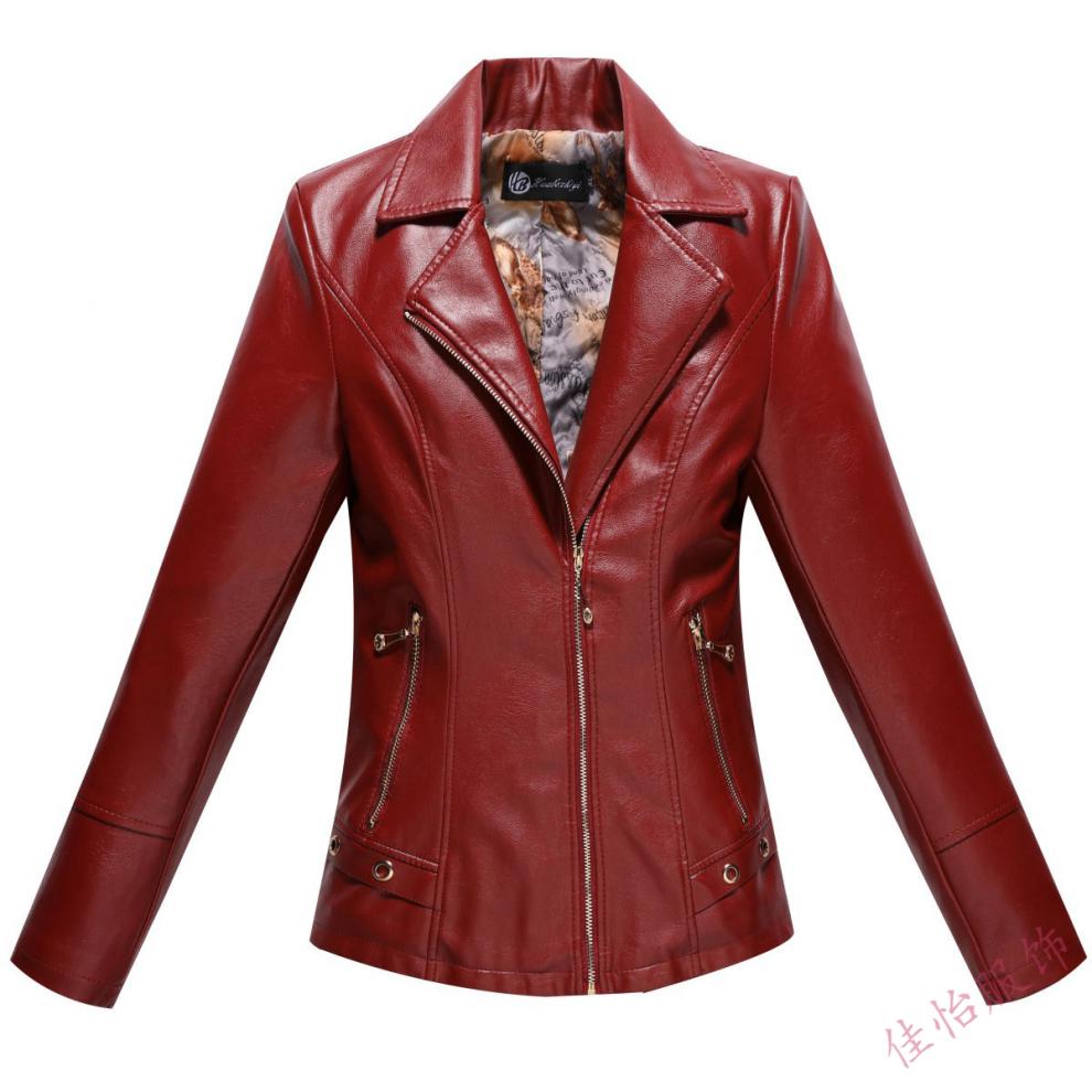 皮衣外套女中年女士皮衣加绒加厚女士外套皮夹克韩版修身秋冬装款红色