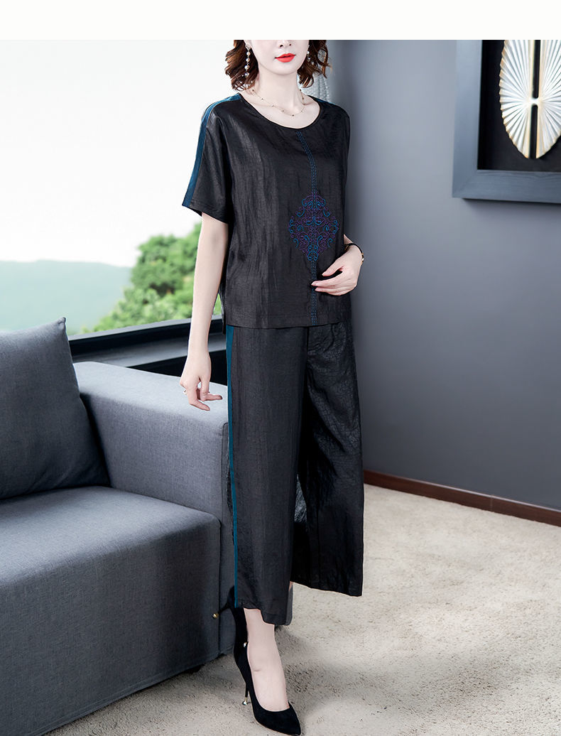 特价捡漏brangdy品牌香云纱套装夏女桑蚕丝中老年妈妈中式刺绣花上衣