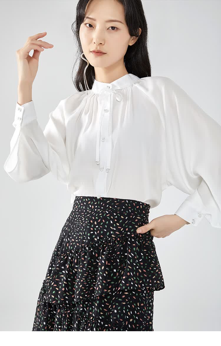 艾莱依2020年春新款时尚ol风衬衫女灯笼袖小立领上衣6019aa24050 棉桃