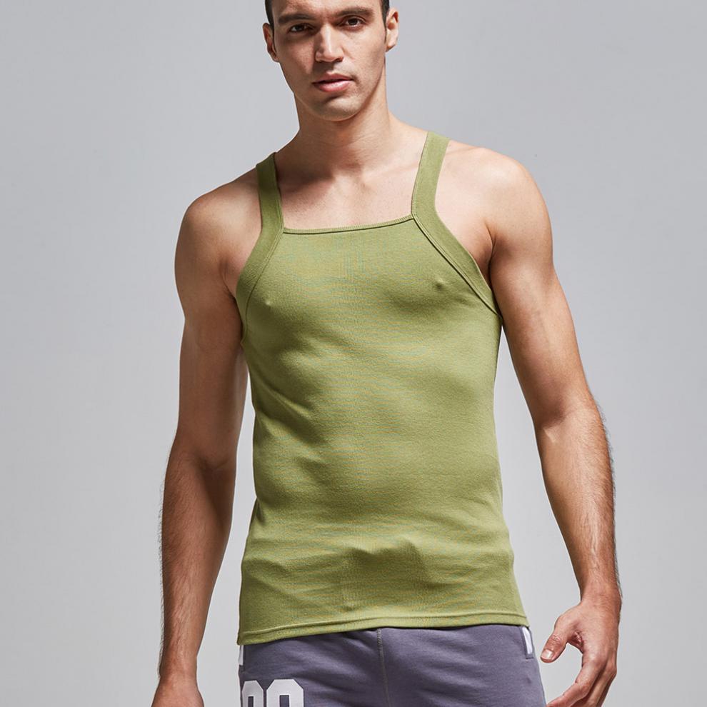 奥元素男士全棉运动健身工字背心一字领螺纹工字背心吊带黑色m码