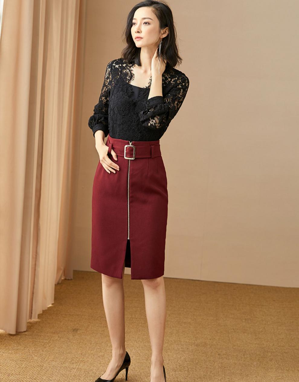 米思阳2020春秋新款气质复古修身包臀裙中长款拉链开叉半身裙0402 酒