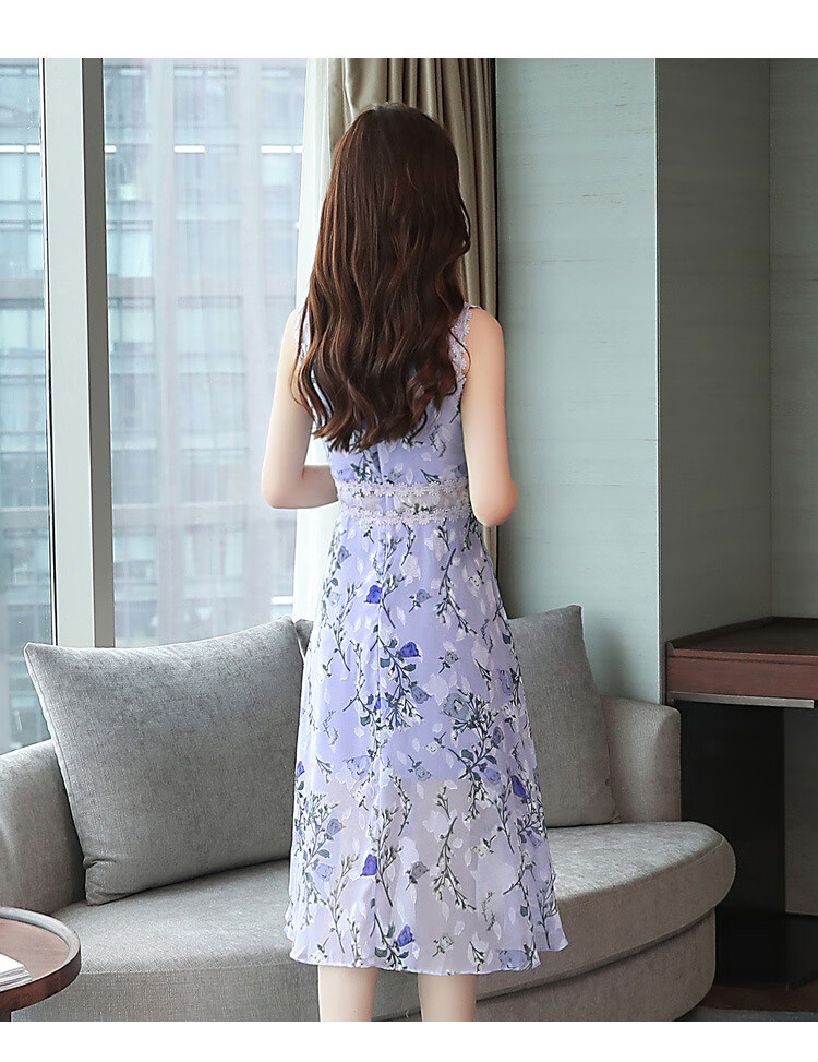 雪纺连衣裙女夏装夏天碎花收腰仙女裙碎花超仙无袖连衣裙荷叶边不规则