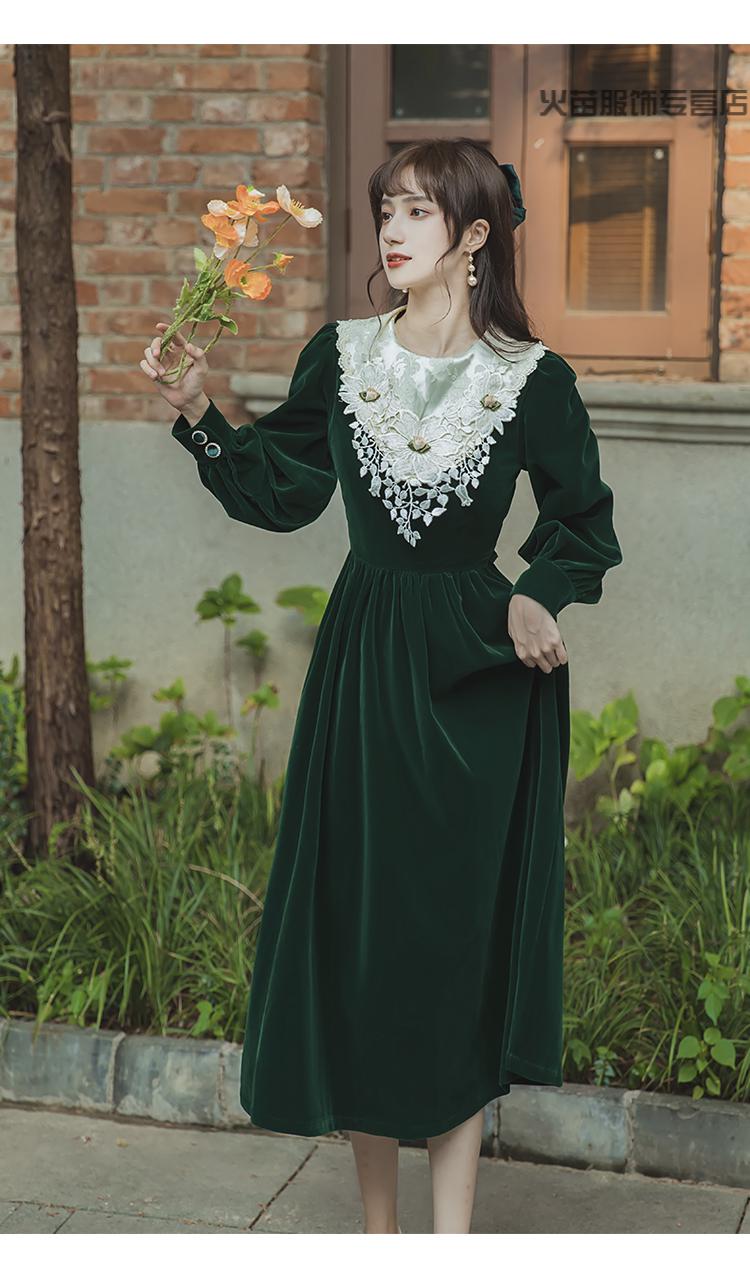 中世纪复古宫廷风连衣裙欧式墨绿色丝绒蕾丝花边重工在逃公主裙子 墨
