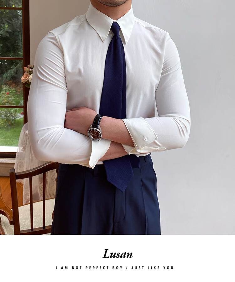 大领角宽领衬衫男秋季士英伦修身大尖领色长袖休闲衬衣蓝色m