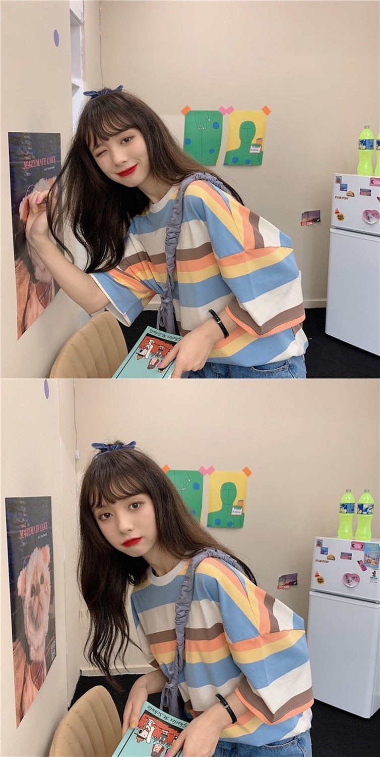 贤语泫雅风条纹短袖t恤女夏中长款学生韩版宽松bf风ins半袖中袖上衣潮