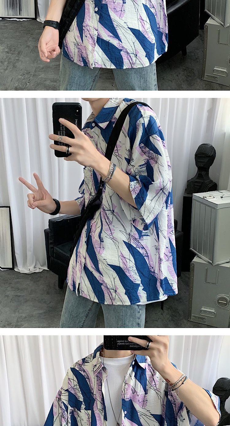 啄木鸟花衬衫男港风痞帅薄款七分袖韩版学生休闲宽松夏季百搭外套潮
