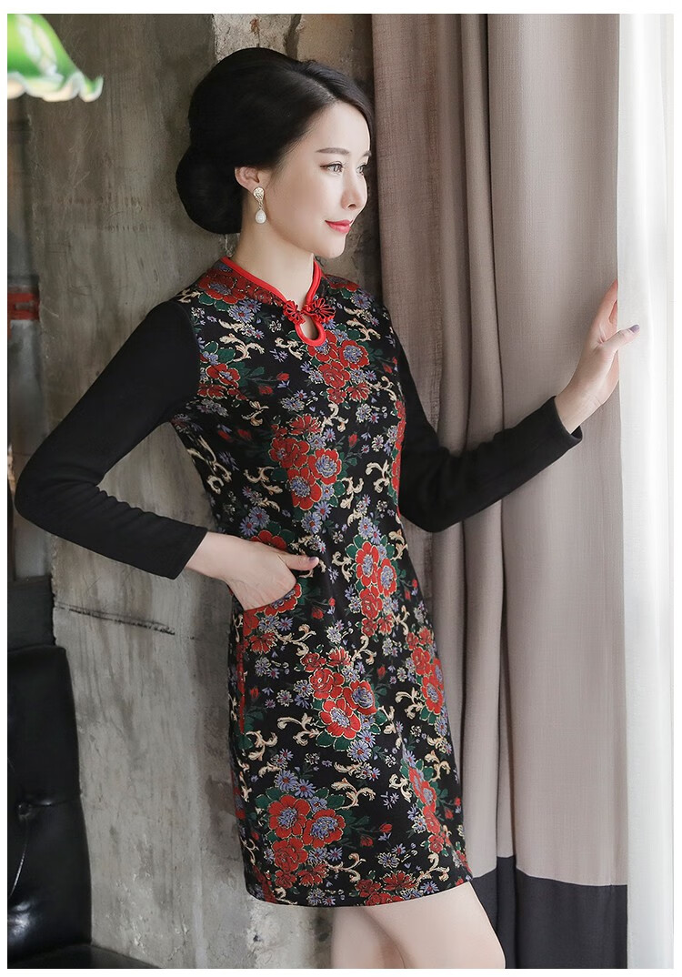 喜婆婆婚宴高贵旗袍连衣裙矮个子秋冬加绒裙子长袖老妈短款早春中老年