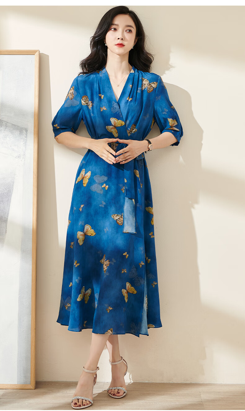 米思阳2022夏季新款优雅印花桑蚕丝真丝连衣裙大裙摆裙子1694蓝色s
