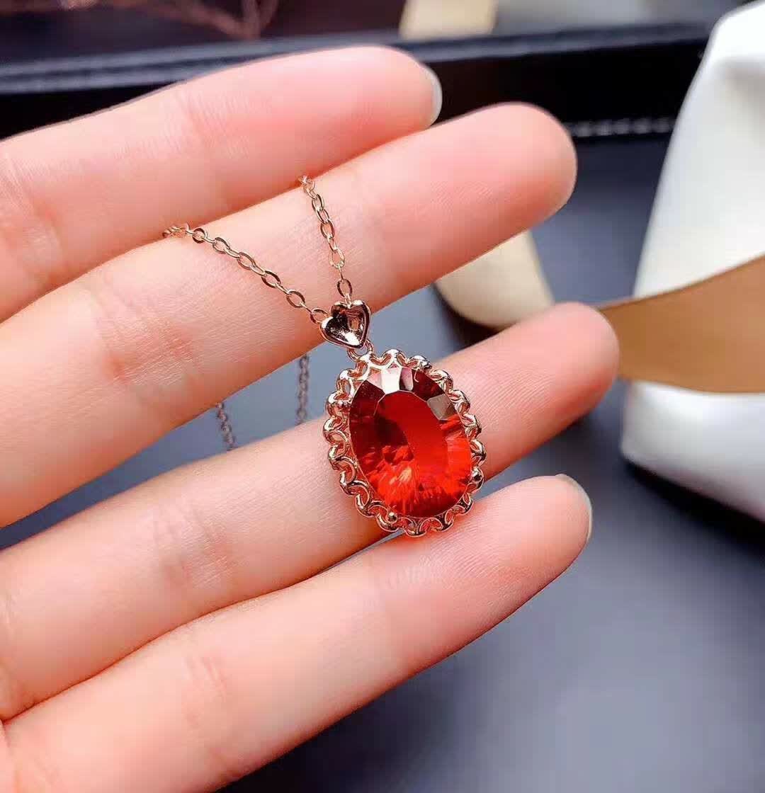 鸽血红大红宝石项链吊坠戒指女红碧玺红水晶套装925小众 鸽血红托帕