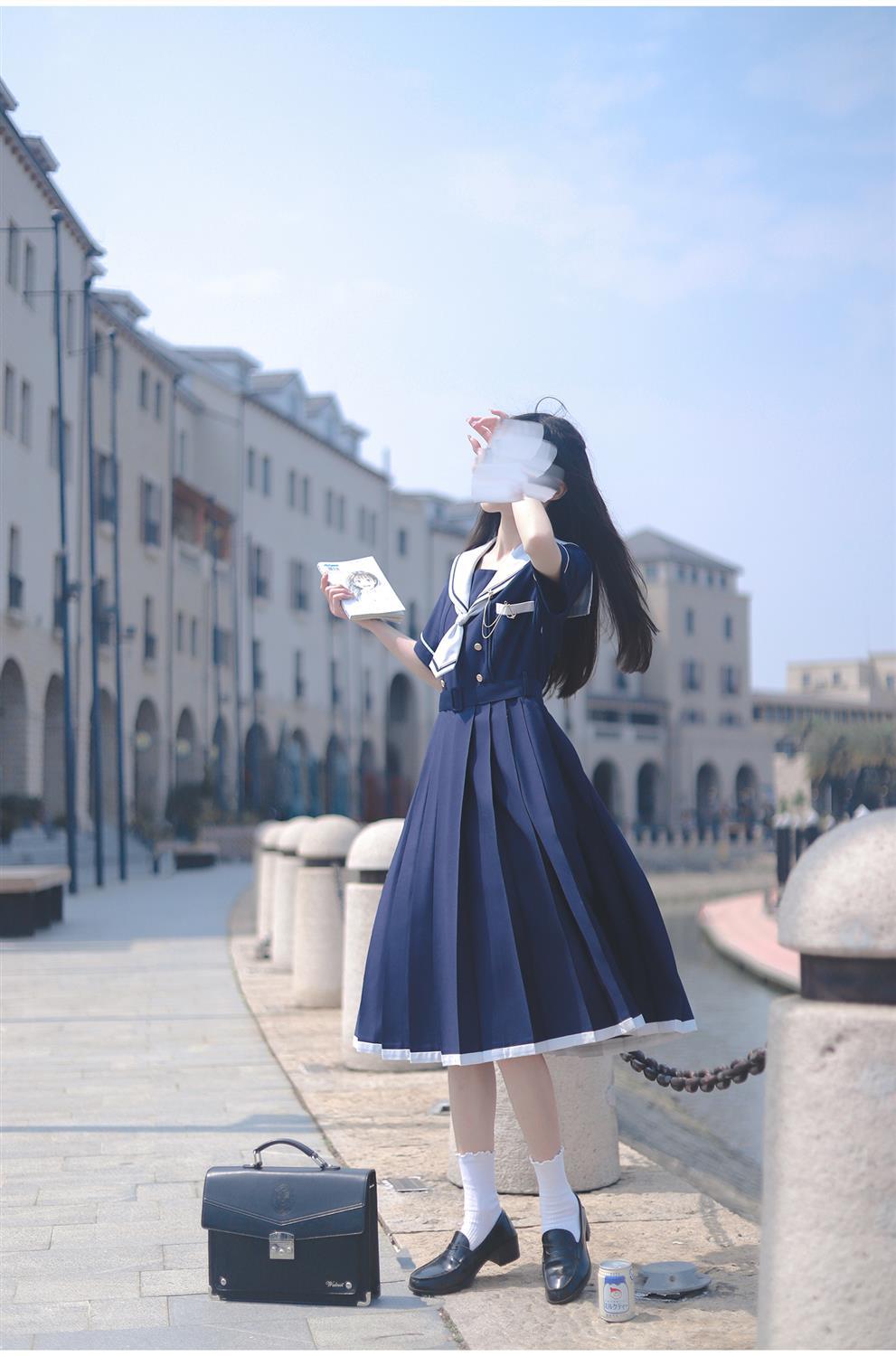 夏季新款日系jk水手服气质收腰显瘦连衣裙女学生中长款百褶a字裙可爱