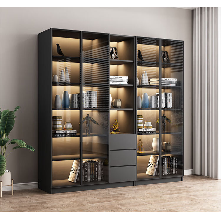 轻奢书柜带玻璃门书架落地简约现代定制客厅书橱实木手办展示柜子双门