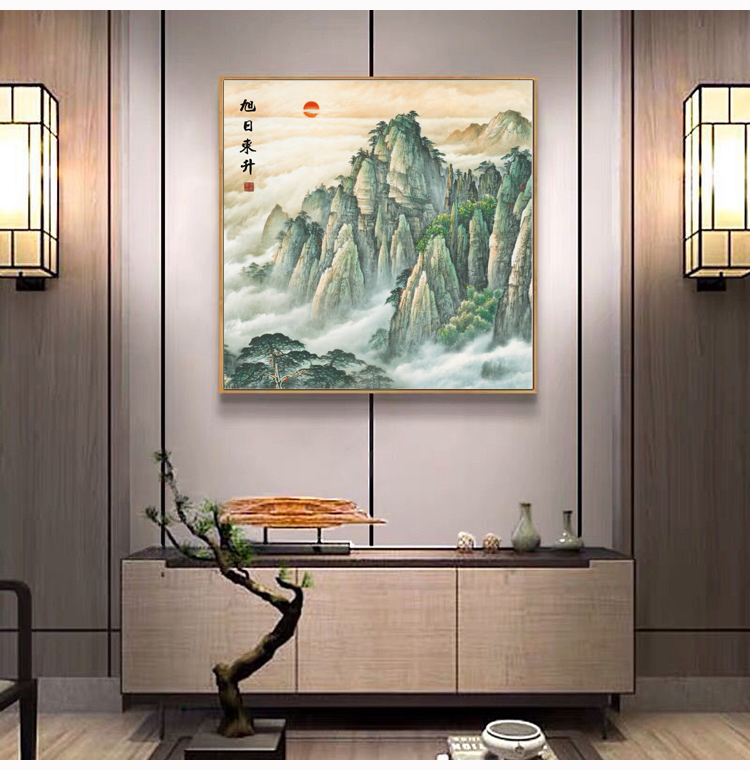 泰山画靠山图 泰山日出挂画风水正方形玄关装饰画办公室有山无水靠山