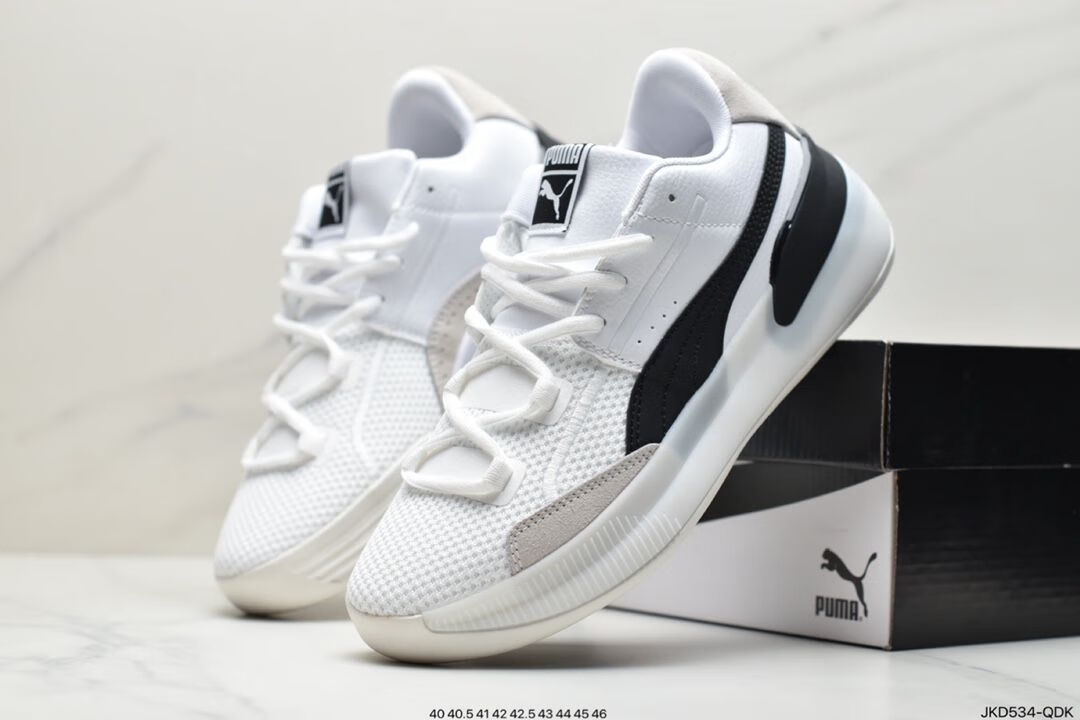 彪马(puma)库兹马 拼色皮面透气针织男鞋 低帮实战磨缓震篮球鞋 黑白