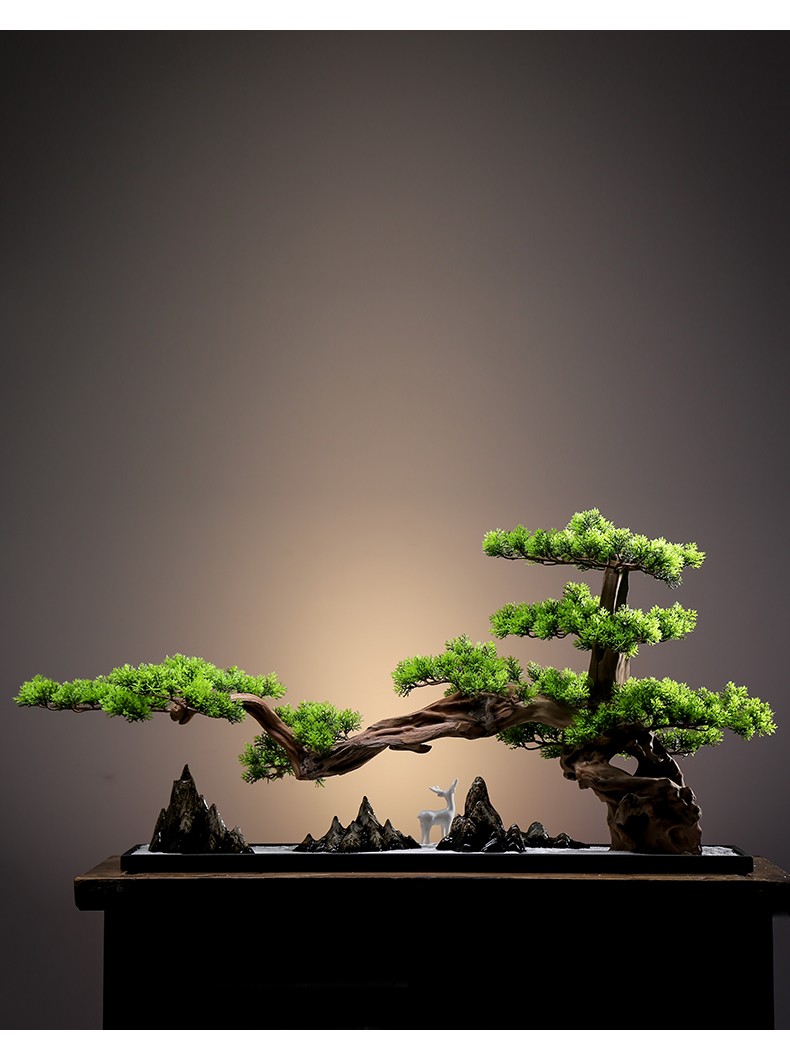 jj生态仿真大型崖柏迎客松摆件新中式枯木根雕乌金石家居装饰大型盆景