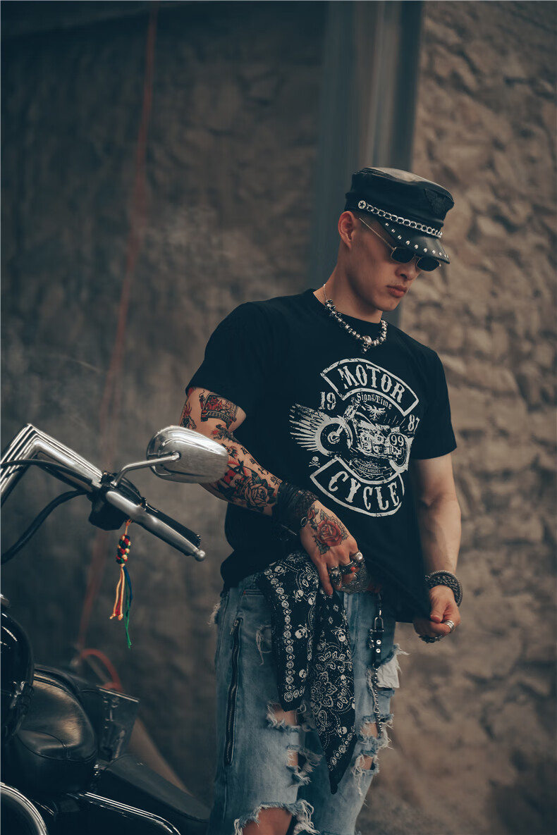 哈雷摩托车文化t恤潮男it短袖欧美嘻哈mmj骷髅头朋克摇滚朋克机车骑行