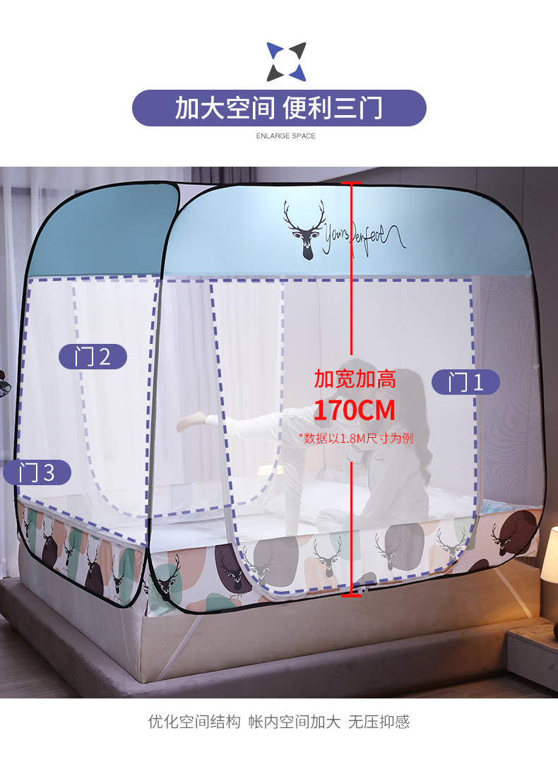 8m1.5床蒙古包纹账防摔儿童 少女粉【三开门免安装】 1.5m(5英尺)床