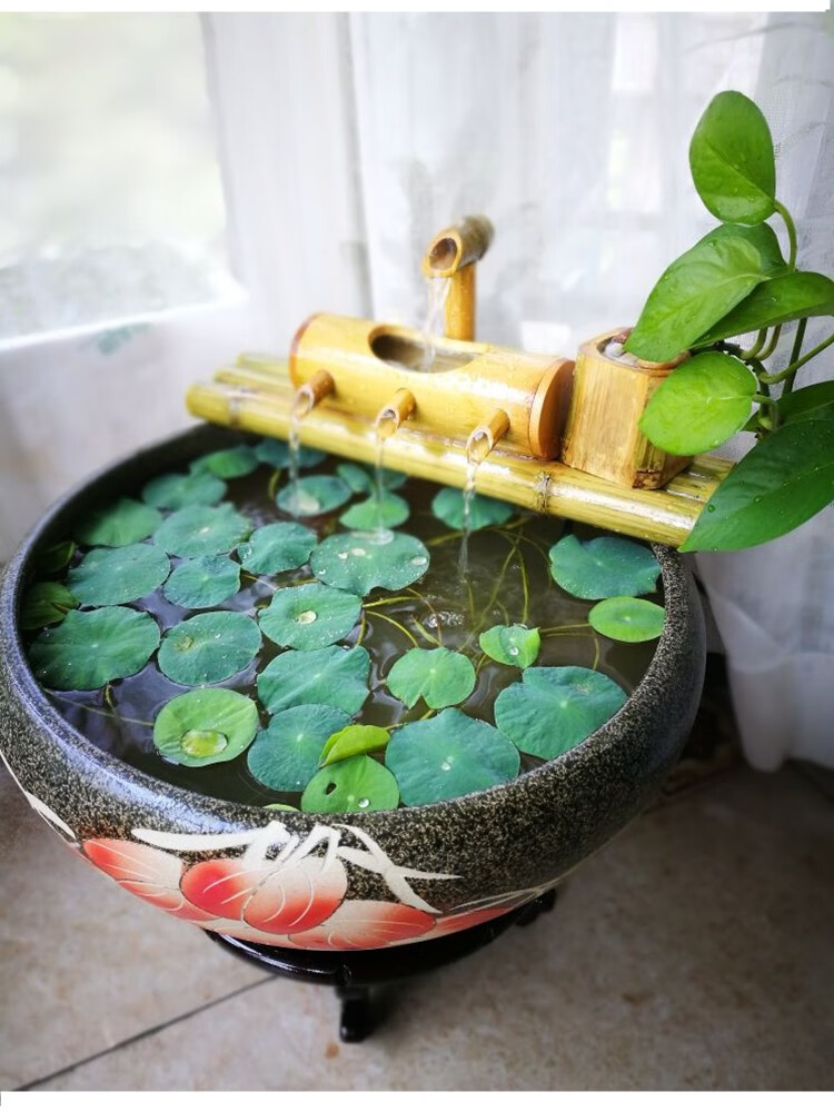 抖音网红艾曦木水缸造景陶瓷鱼缸流水竹子流水摆件循环水摆件竹筒流水
