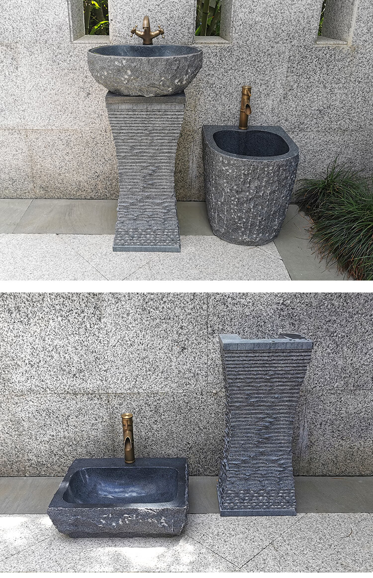 适用户外石头洗手盆台一体庭院石材立柱式水池卫生间脸盆室外水槽花园