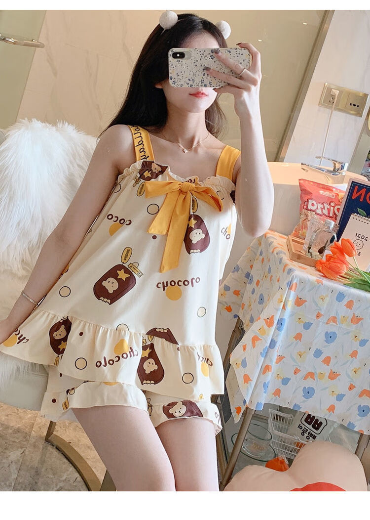 带胸垫睡衣女士夏季吊带两件套装夏天可爱学生可外穿619调皮女孩带