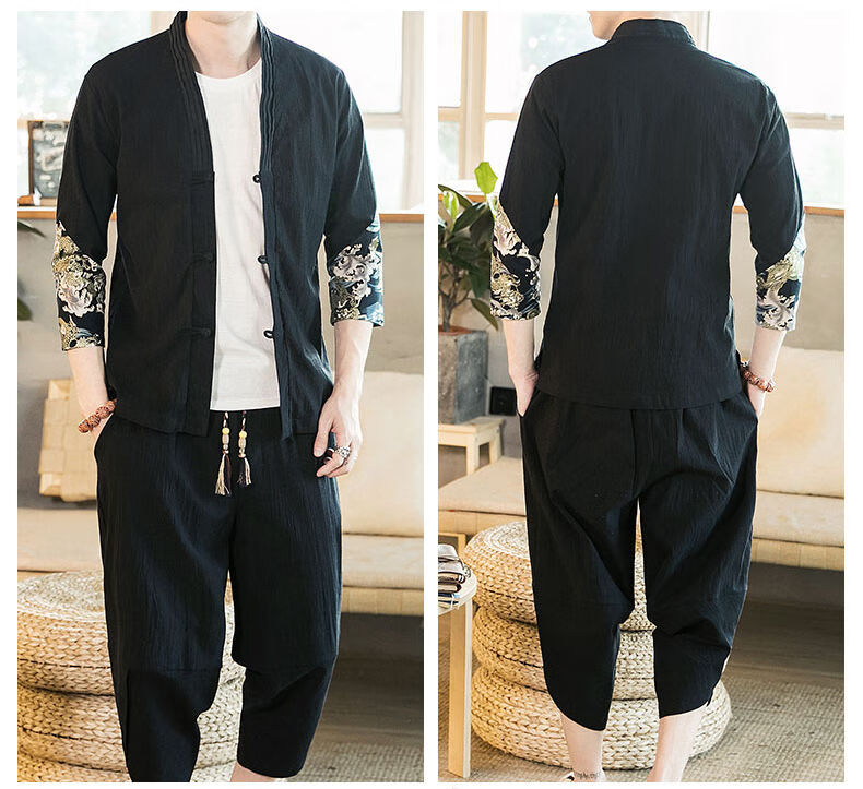 男装 唐装/汉服 恋契 好货季棉麻休闲套装男士风复古唐装青年汉服两件