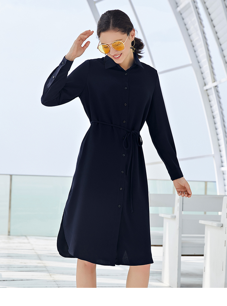 艾莱依2020春夏新款刺绣衬衫裙女收腰长袖雪纺连衣裙601829016丛林色