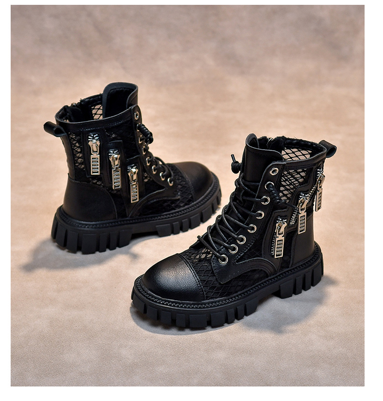 迪士尼disney新品海宁女童马丁靴年夏季新款男童透气镂空薄款靴子黑色