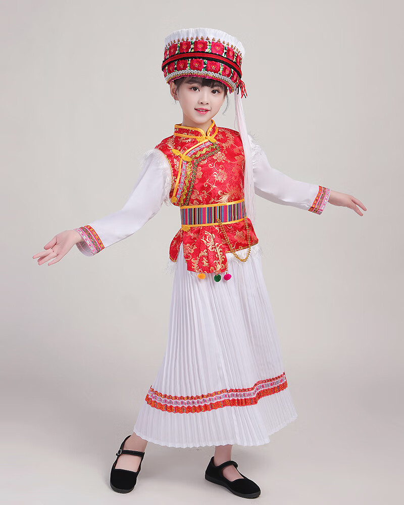 儿童白族服装少数民族服普米族女童云南大理民族幼儿园三月三表演红色