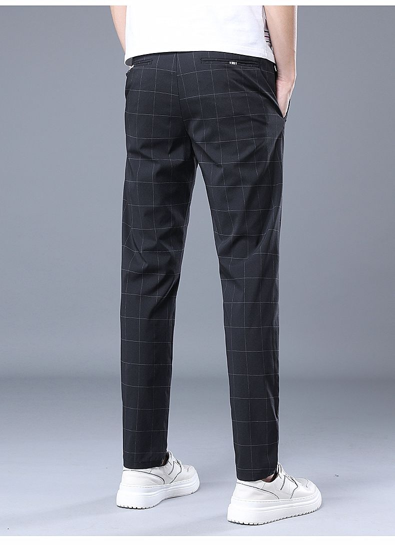 夏季薄款英伦格子休闲裤男士修身夏天松紧腰直筒青年长裤子男潮流