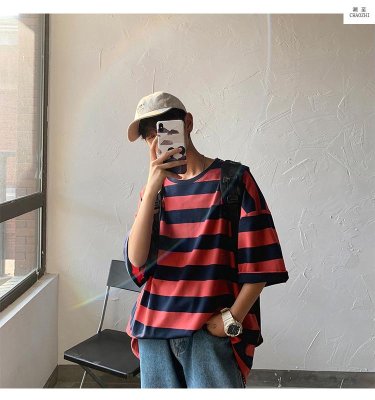 7七分袖条纹ins港风短袖t恤男宽松火cec慵懒风网红男生潮流衣服ins