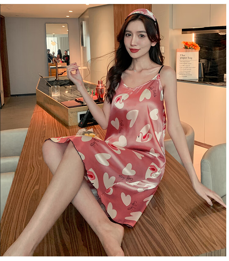 新品少女生睡裙春夏季性感学生韩版可外穿睡衣女士连衣裙子带胸垫冰丝