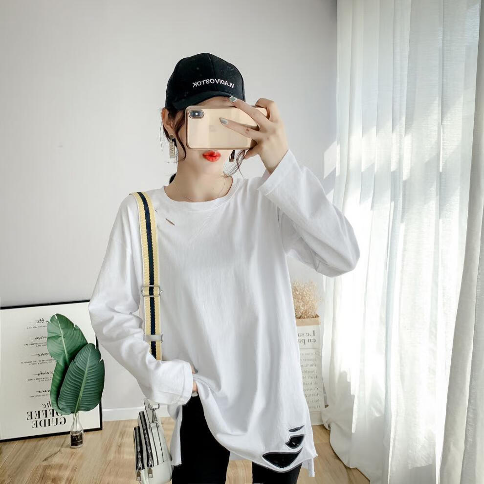 白色长袖t恤破洞打底衫女宽松内搭中长款上衣服白色s