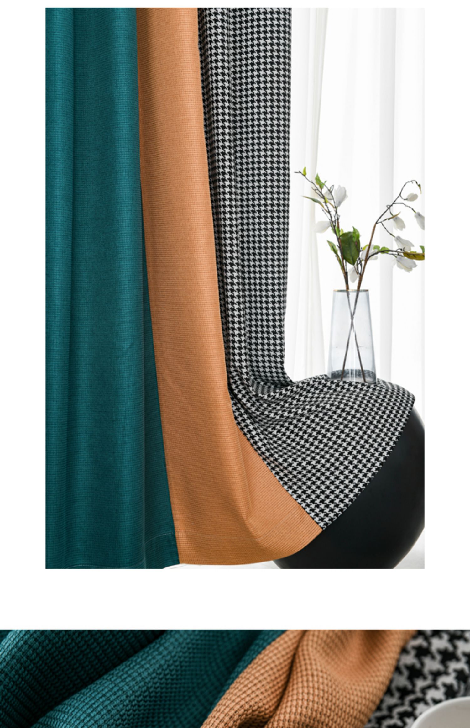 新款窗帘遮光北欧简约千鸟格拼接卧室棉麻飘窗客厅遮阳隔音抹茶绿浅米