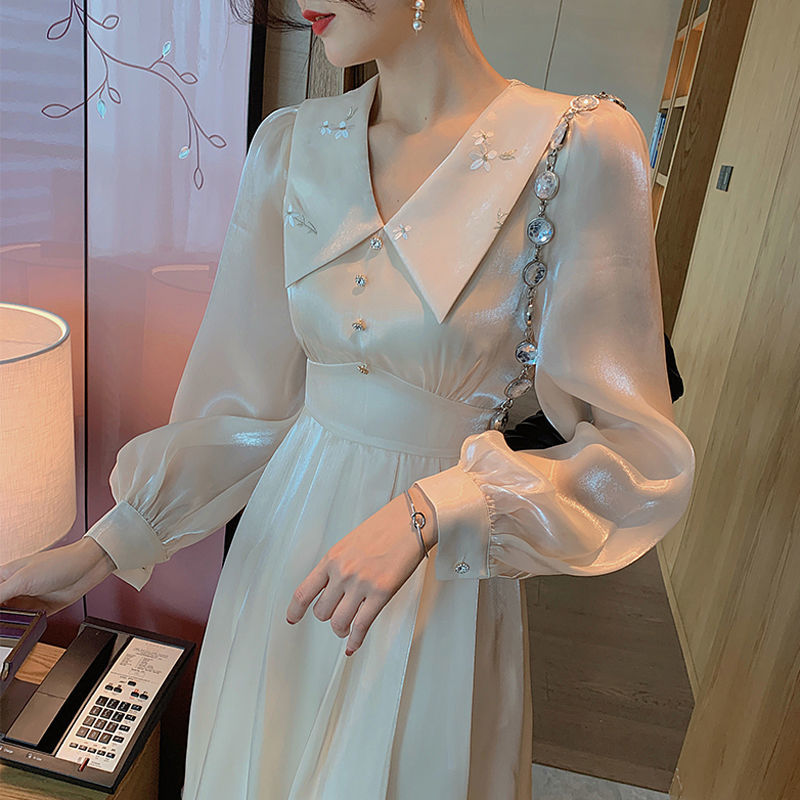 法式暮云纱连衣裙女2022夏季新款短袖白色子仙女裙仙流光裙 杏色长款