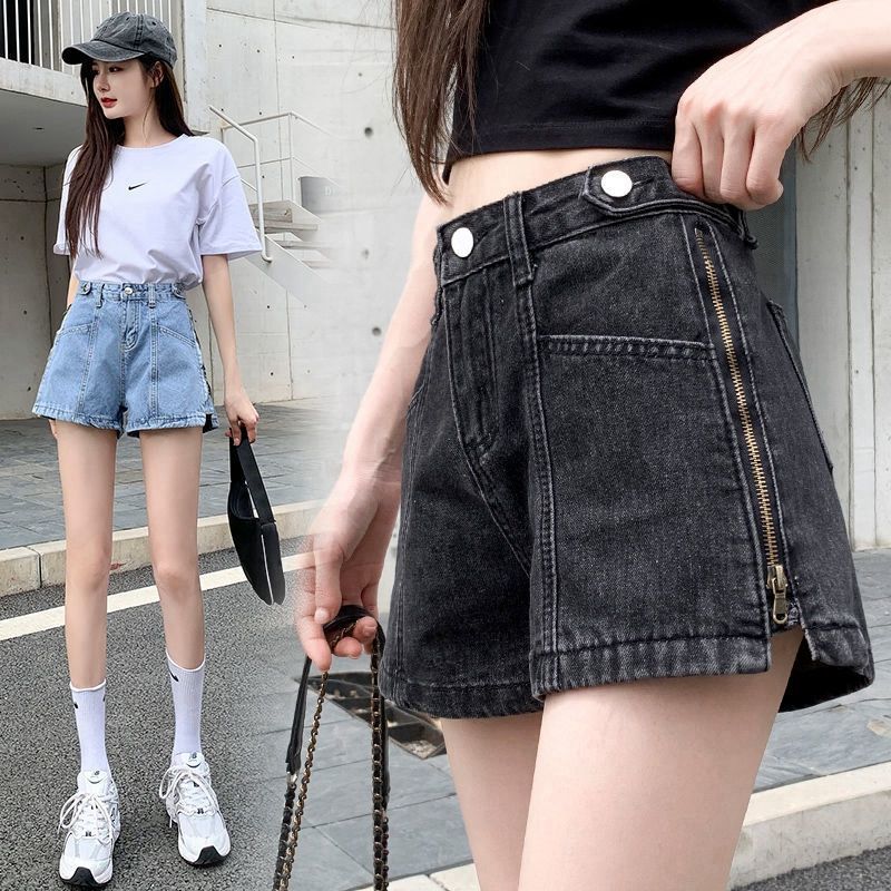 2022新款韩版侧拉链开叉高腰牛仔短裤女夏学生显瘦网红阔腿热裤潮 黑