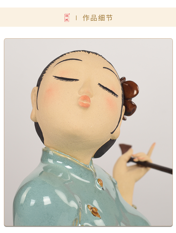 石湾公仔陶瓷古代美女艺术人物摆件客厅电视柜复古工艺品家居饰品蓝釉