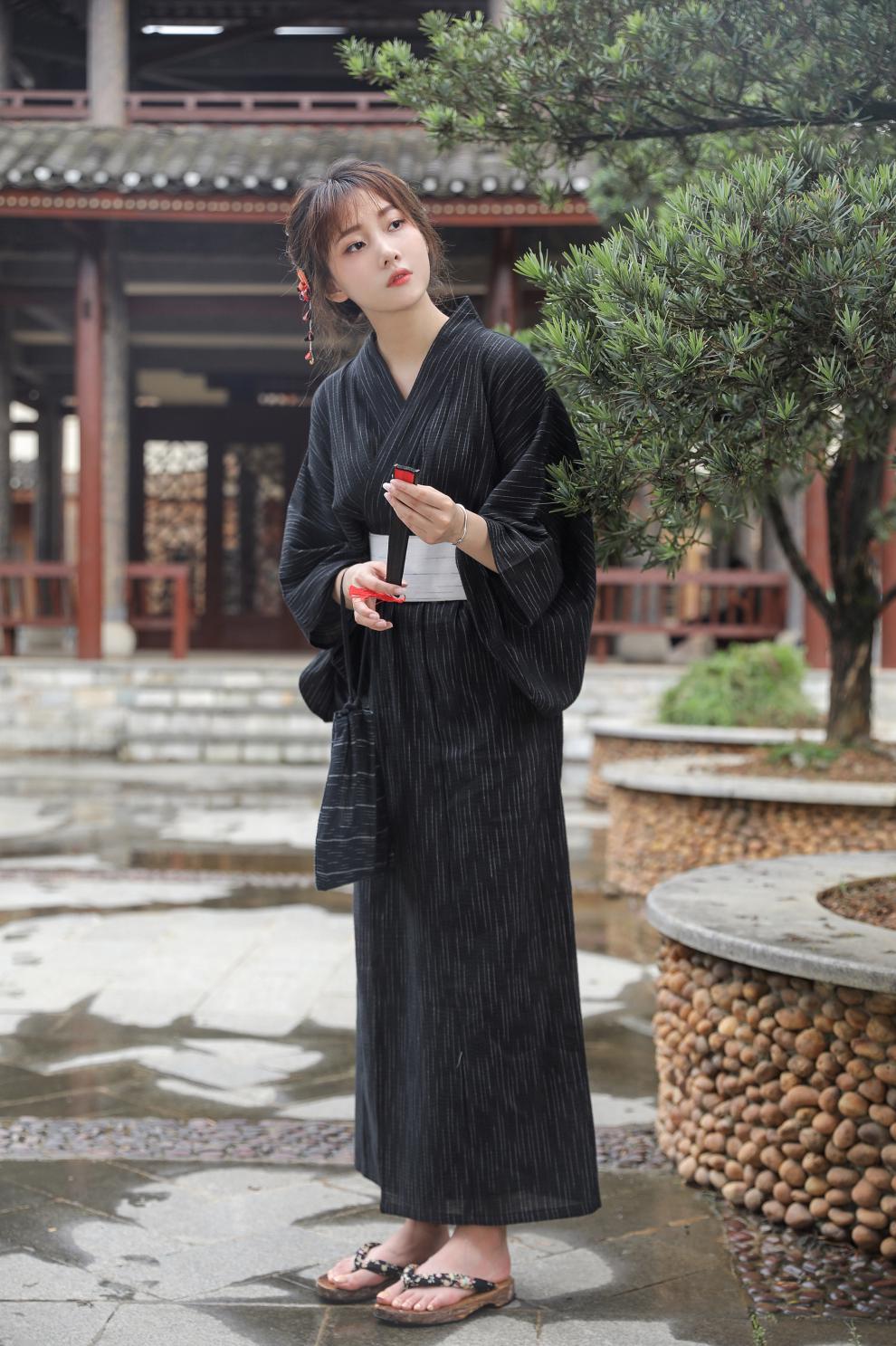 日式和服女正装日本女传统士浴衣长袍桑拿服cos写真服装气质棉麻黑白