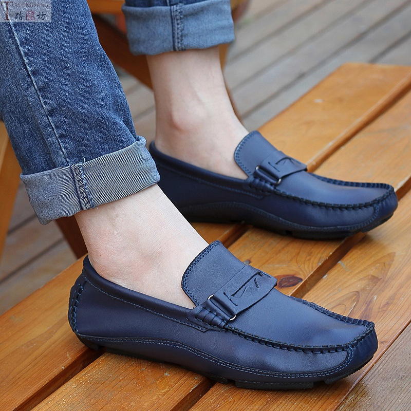 春季浅口透气豆豆鞋 男士透气休闲皮鞋牛皮方头防滑驾车鞋可 白色 39