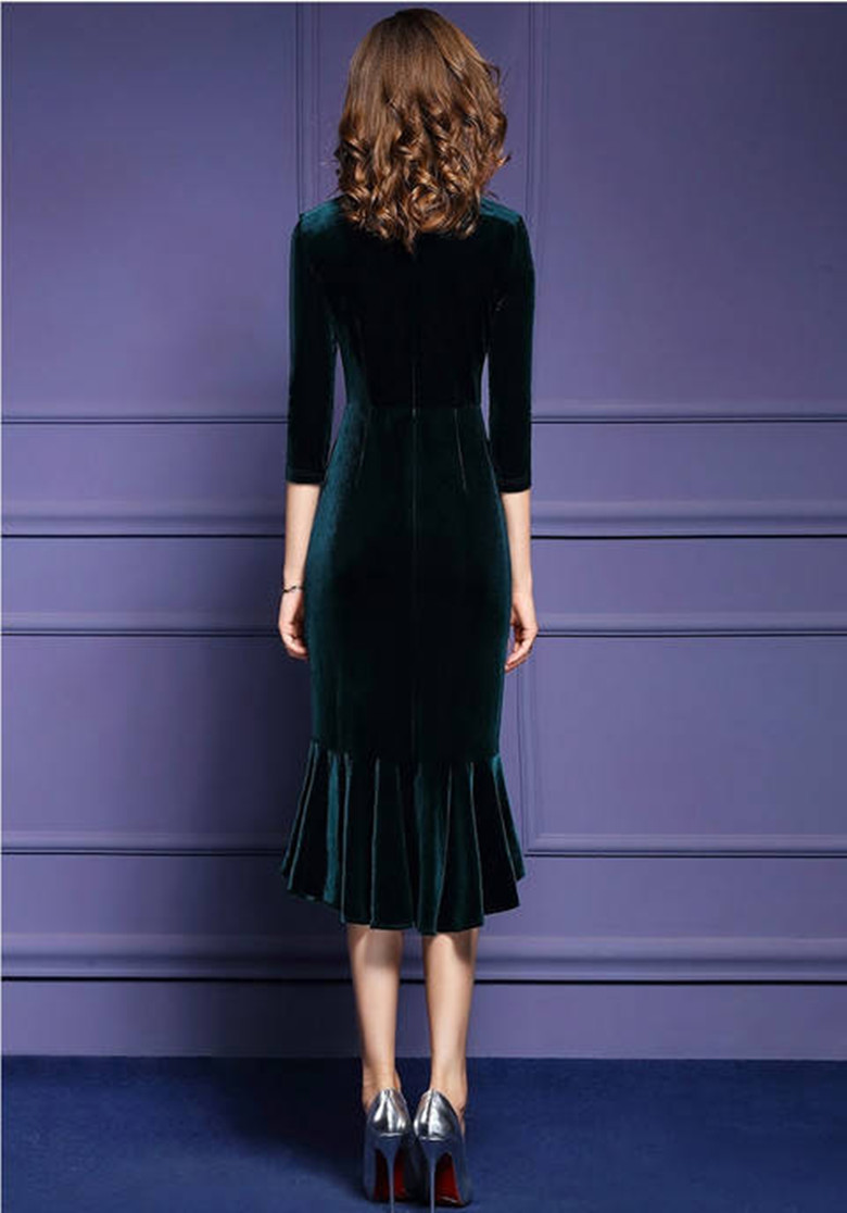 秋冬装新款中长款鱼尾裙气质v领修身显瘦七分袖金丝绒包臀连衣裙 298