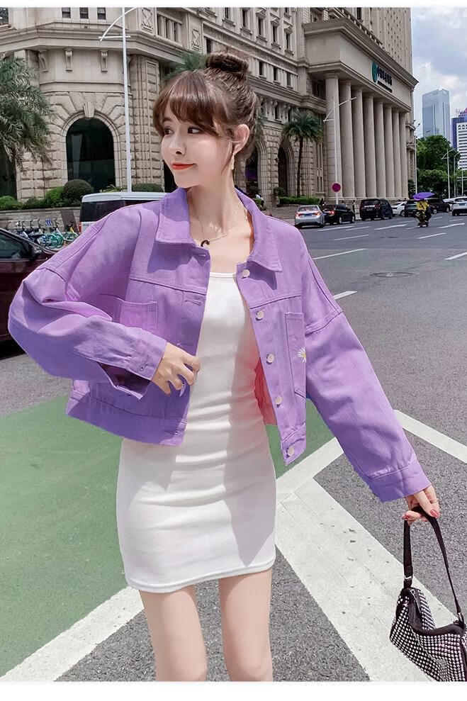 【牛仔外套女春夏薄款】紫色牛仔外套女年韩版小雏菊学生宽松原宿风