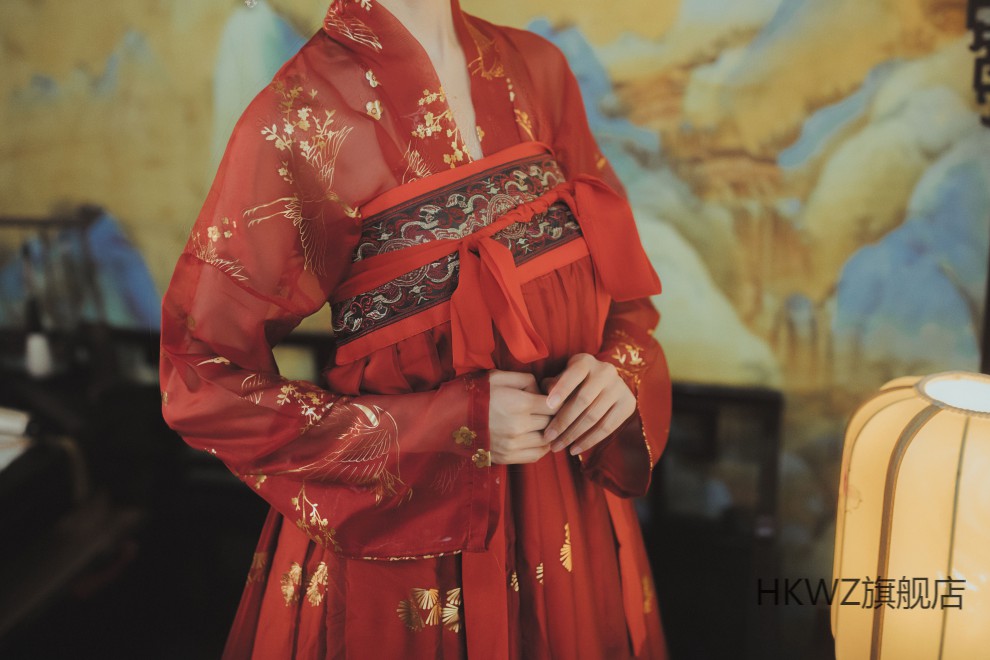 民族风【逍遥客】汉服女齐胸襦裙红色烫金雪纺大袖衫春秋冬中国风对襟