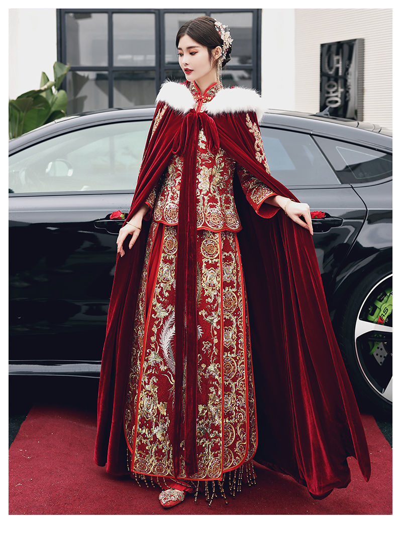 新娘披肩女秋冬结婚礼服外搭披风红色新娘秀禾加厚保暖斗篷长外套双层