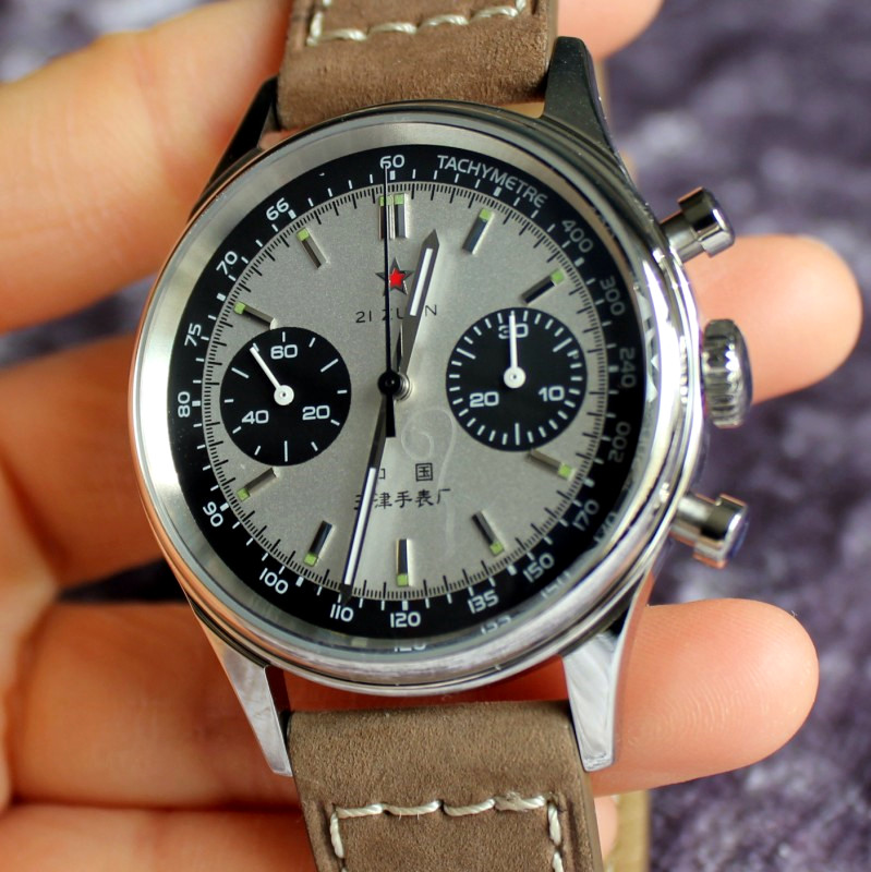 手表计时多功能男机械夜光蓝宝手动上弦飞行员手表白面泡泡镜密底绿带