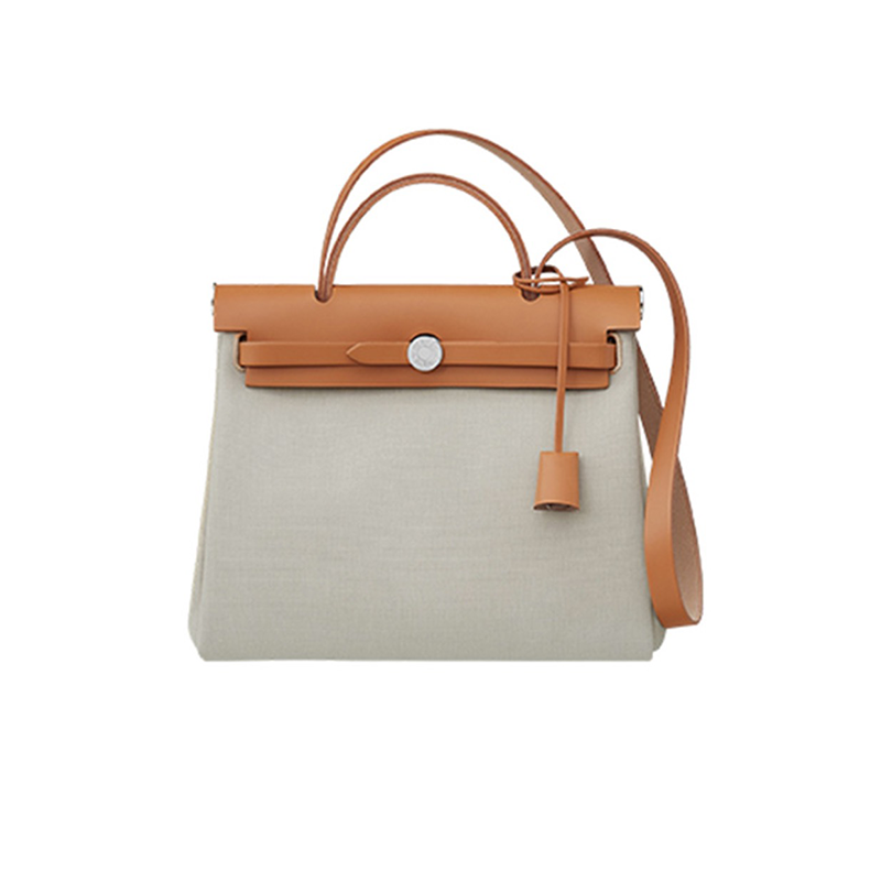hermes爱马仕女包herbagzip31retourne帆布拼牛皮银扣斜挎单肩手提包