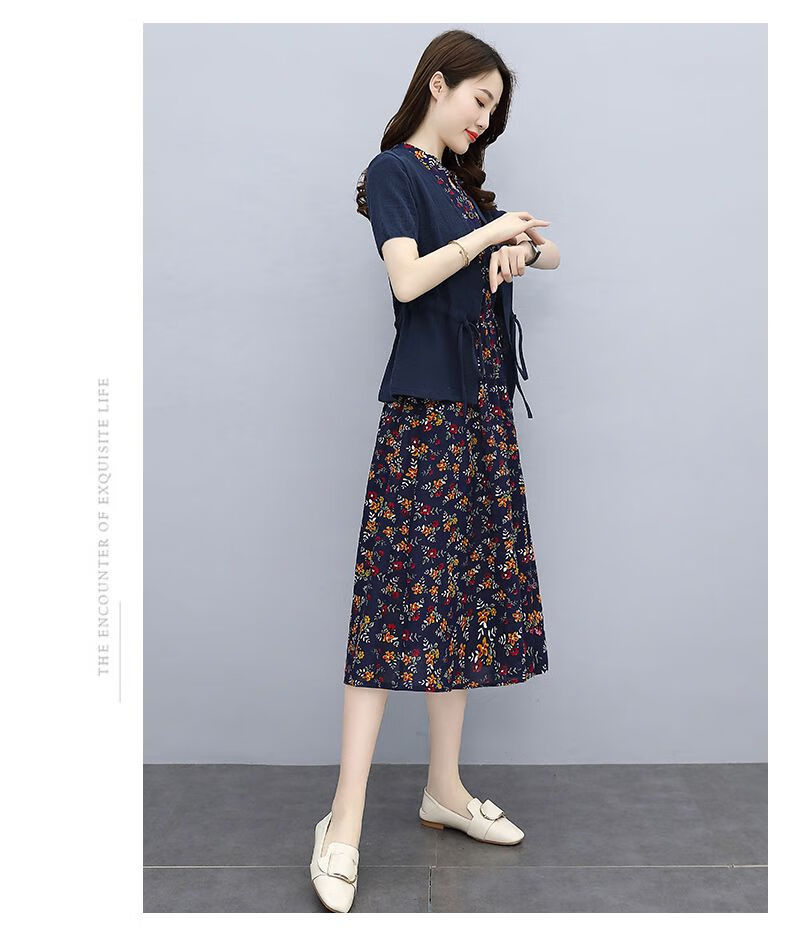 皮尔卡丹品牌高档女装套装棉麻裙子中年妈妈显瘦304050岁连衣裙夏季