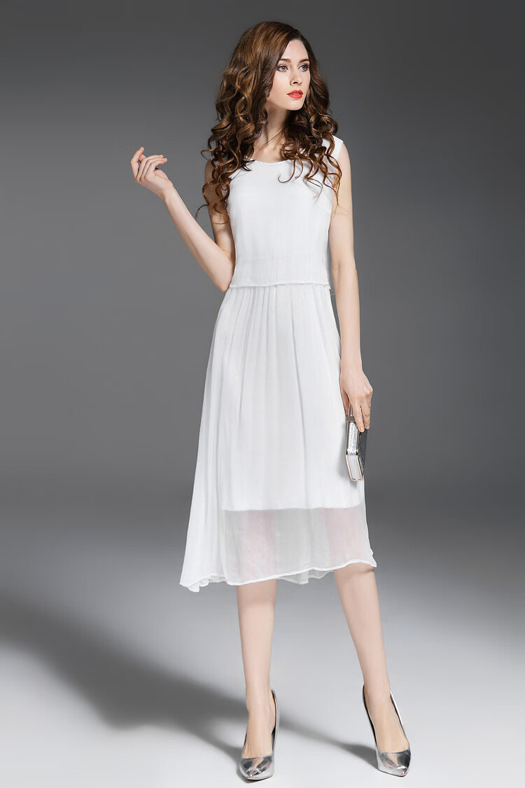 kaacechy品牌真丝长连衣裙2020春季新款淑女气质橘色印花桑蚕丝无袖