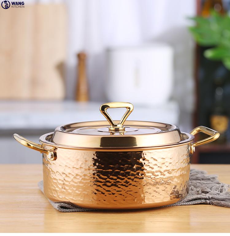 王家匠304不锈钢金色火锅商用三层钢小火锅汤锅锤印锅家用双耳炖锅