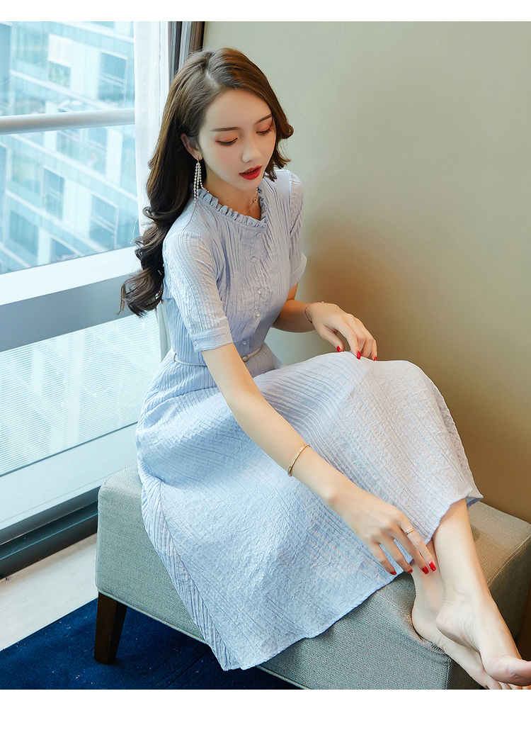 轻熟风雪纺衬衫连衣裙2020新款夏淑女收腰显瘦气质女神范衣服 蓝色 xl