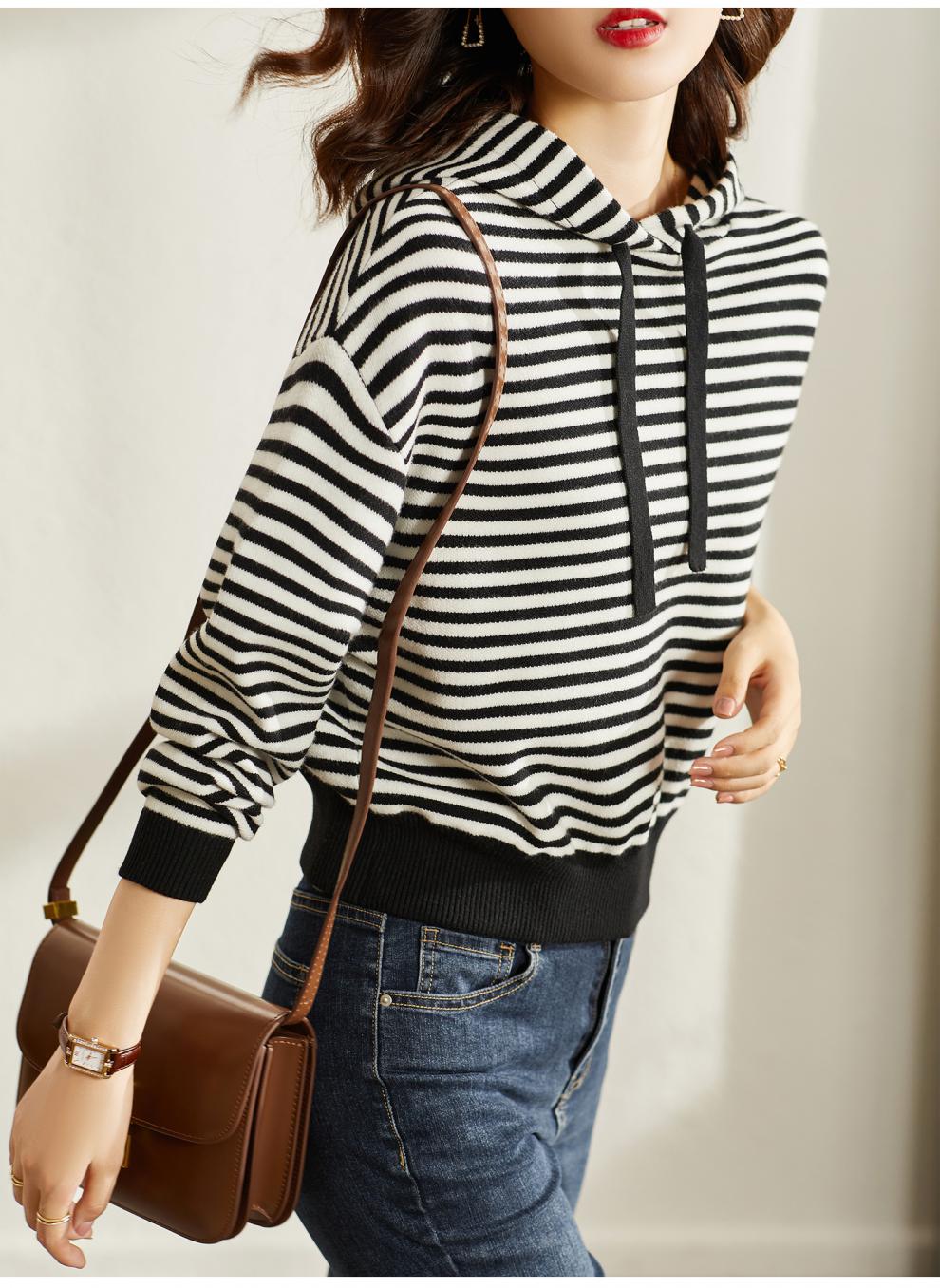 梵希蔓黑白条纹连帽针织衫女春秋新款套头减龄休闲毛衣f9871黑白条纹l