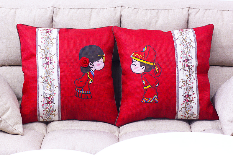 2019新款十字绣抱枕情侣一对新婚结婚喜庆婚礼系列手工自己绣刺绣 无