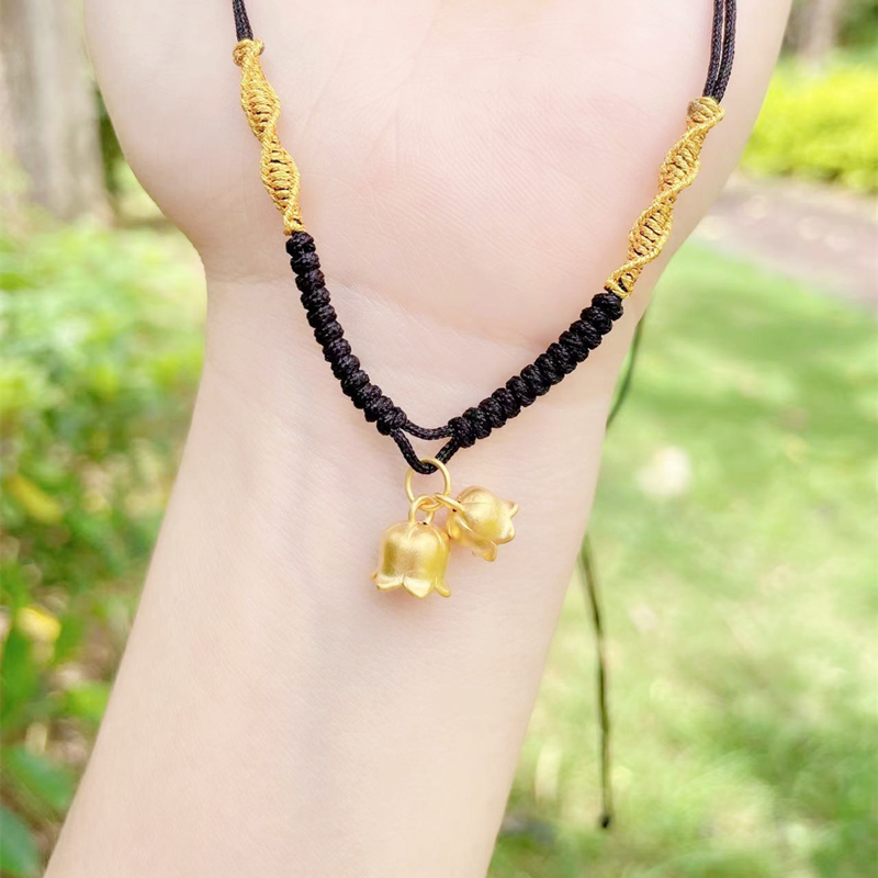老凤凰黄金项链女铃兰花吊坠原创手工编织绳足金999小金珠小桃花